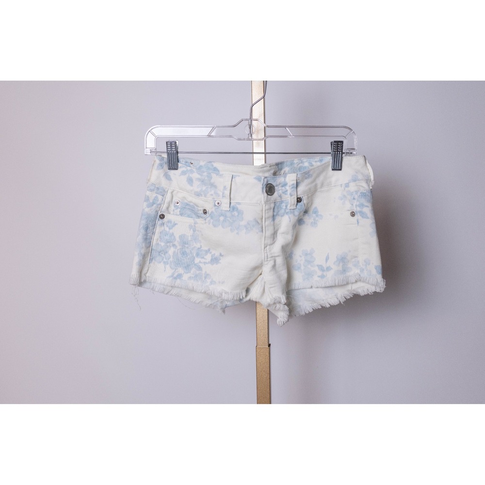 American Eagle Cutoff‎ Shorts Floral White Blue Denim Stretch Size 2 Frayed Hem